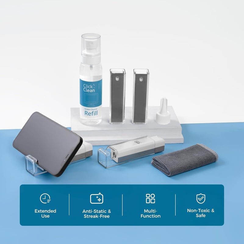 CLICK CLEAN Screen Cleaner Kits - 4 All-in-One Screen Cleaner with 4 oz Cleaner Refill, 1 Microfiber Cloth(7.8 x 7.8in), 1 Mini Refill Funnel, and 1 Sprayer - for All Phones, Laptop and Tablet Screens - Image 2